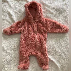 Fuzzy pink bear suit for newborn